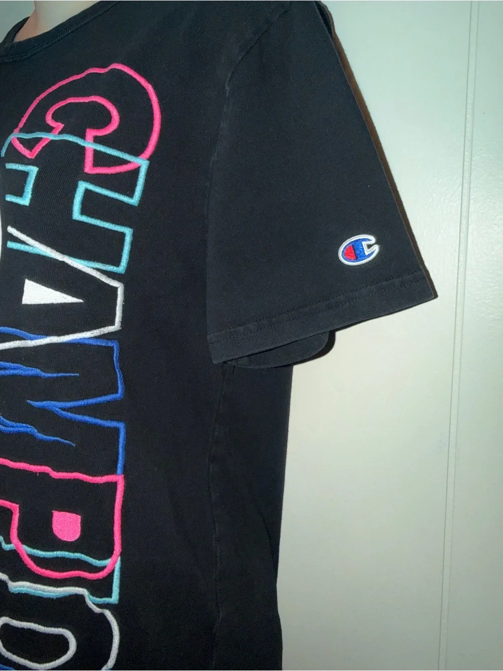 Vintage Y2K 90s Champion Neon Spellout Embroidered Black Tee 41" Chest 2000s - Picture 4 of 6